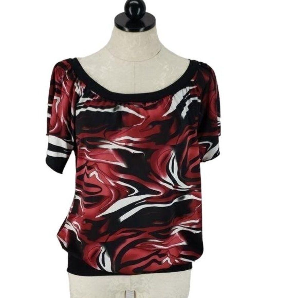Wrapper Abstract Swirl Scoop Neck Banded Hem Blouse Red Black White‎ Large